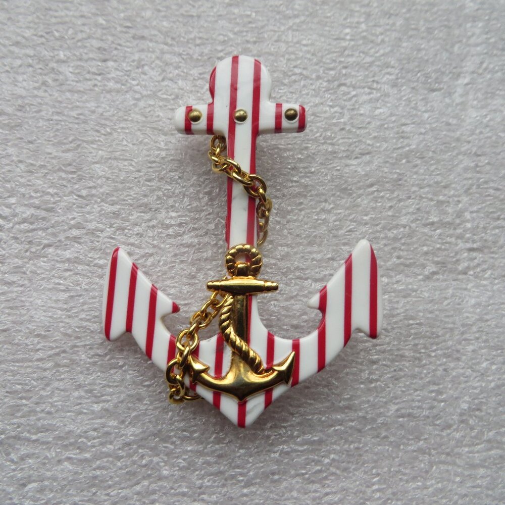 Red & White Anchor Brooch Pin with Gold tone accents